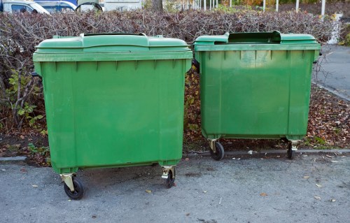 Business office with waste removal service truck